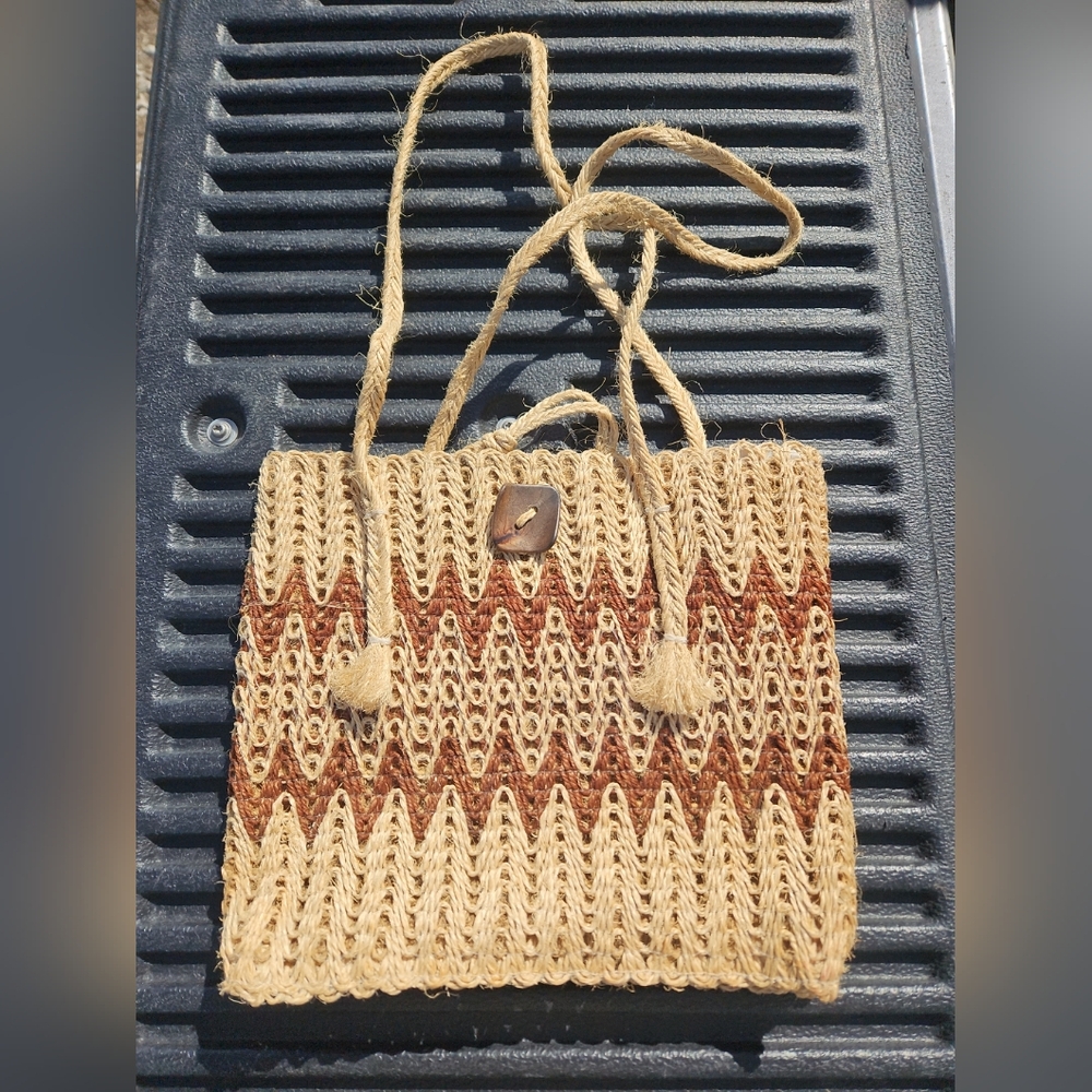 Vintage Boho  woven purse handbag Burlap Tote